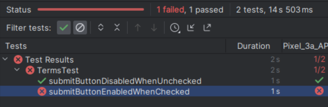 Named semantic test failures in the Android Studio test pane.